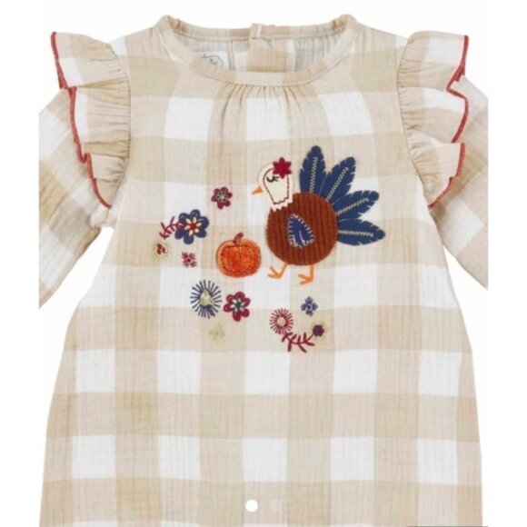 Mud Pie Thanksgiving turkey fall romper jumpsuit 6-9m NWT applique gingham - Picture 5 of 5